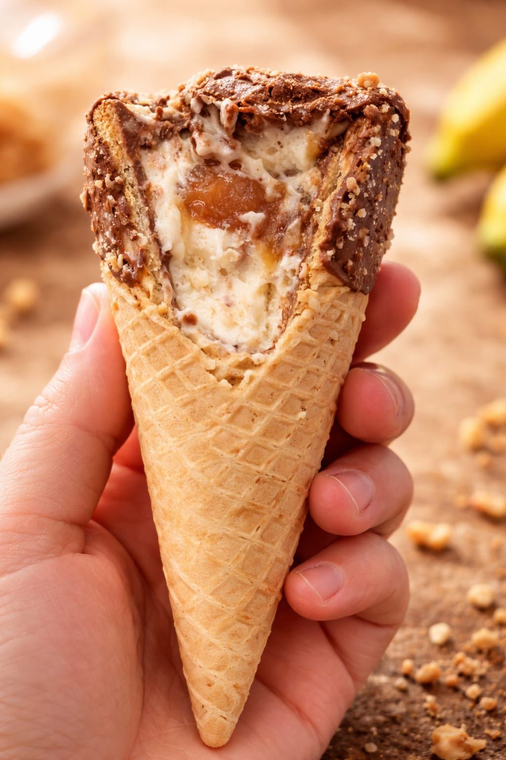 Cone recheado com creme e chocolate na mão