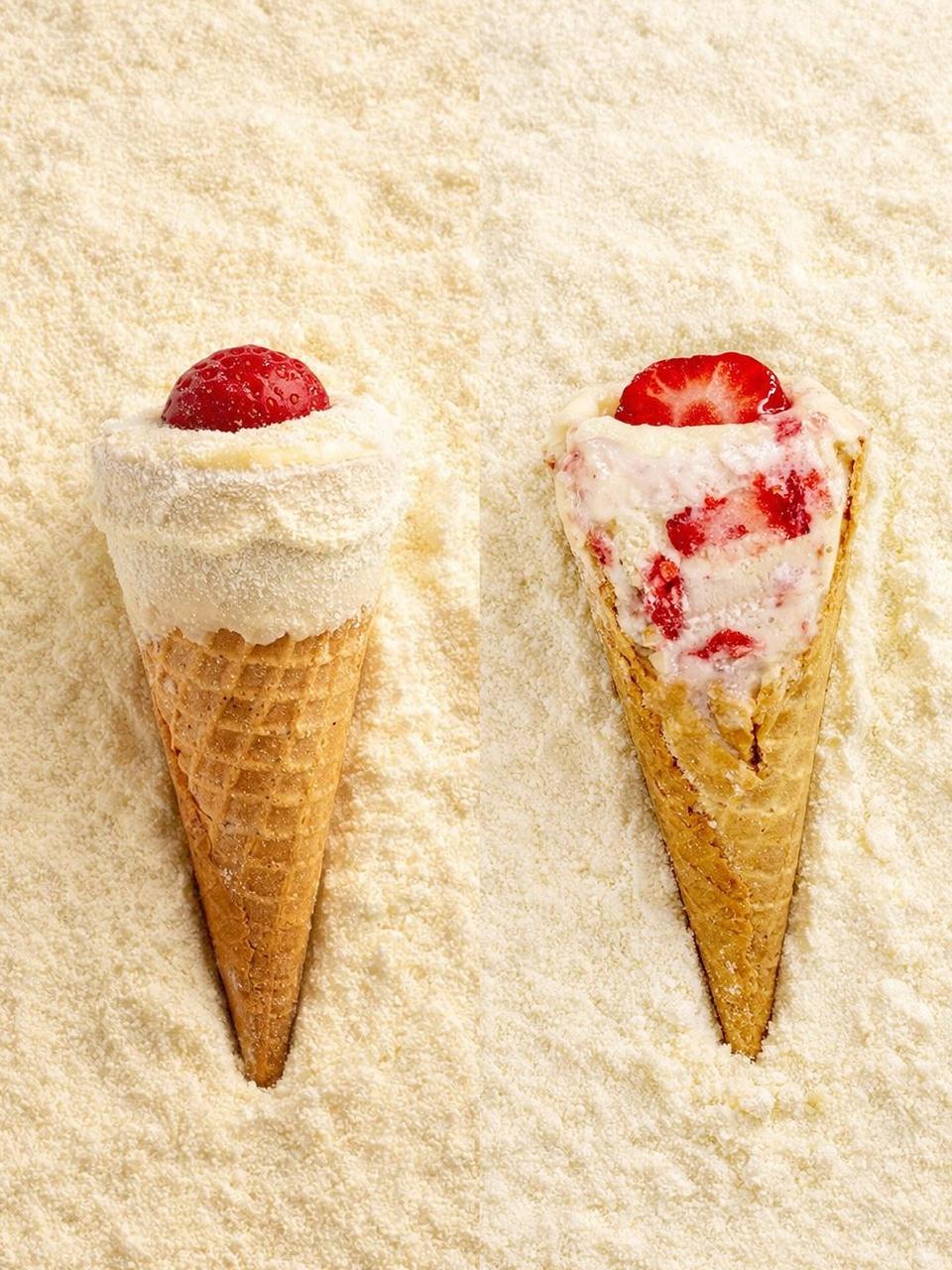 Cone Ice artesanal sabor ninho com morango