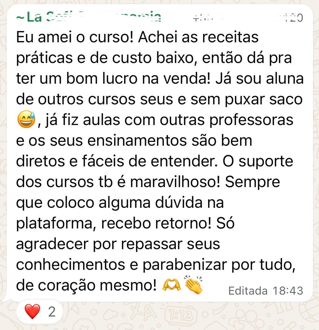 Print de aluna: receitas práticas, de custo baixo e suporte maravilhoso